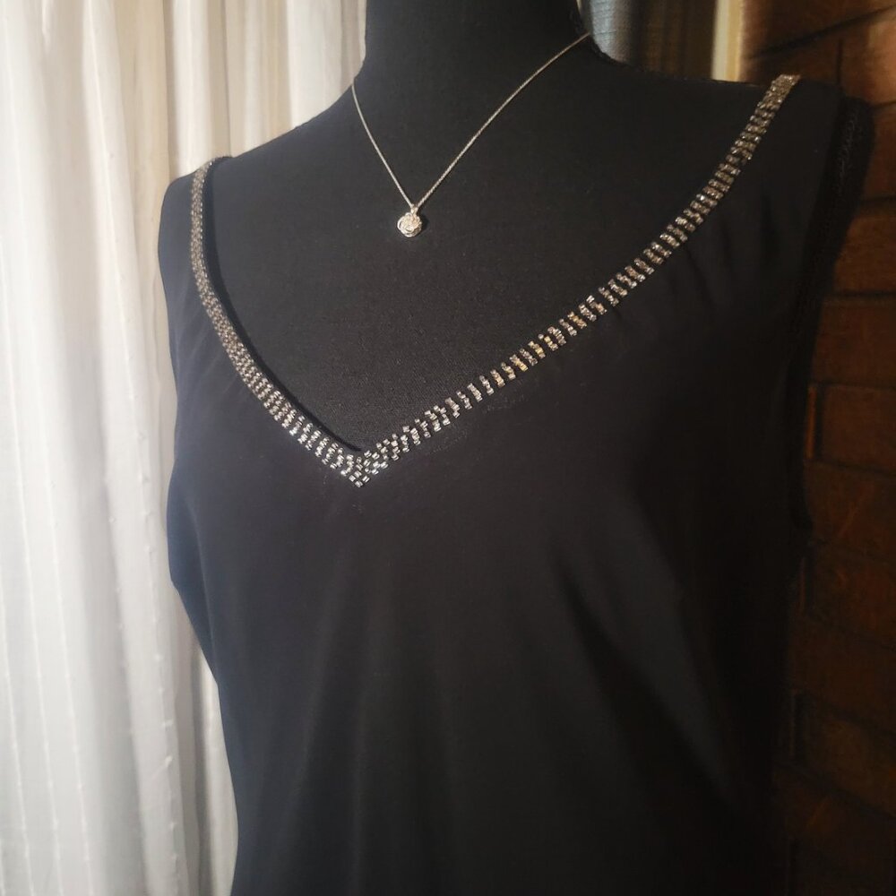 1920s Drop Waist Speakeasy Vibe Black Dress Rhinestones Size 14 Sleeveless Vneck - Picture 15 of 16